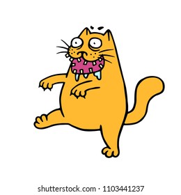 Funny fat cat zombie goes on a hunt. Vector illustration. The genre of horror. Scary animal character face.