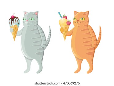 Funny fat cats with icecream. Vector illustration