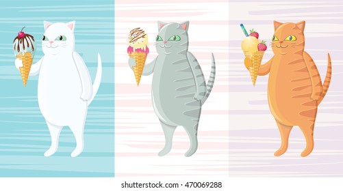 Funny fat cats with icecream. Vector illustration