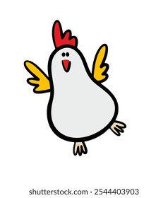 Funny fat chicken is flying in the sky. Vector illustration of a farm and a chicken.  A rooster with a red crest, a pet flapping its wings. Doodle bird isolated on white background.