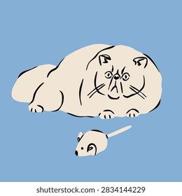 Funny fat chubby white cat lying and looking. Cute character. Hand drawn trendy Vector illustration. Pet care, animal graphic clipart, feline concept. Sticker, logo, print template. Isolated element