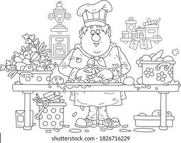 Funny fat cook in a chef hat and uniform, standing at his kitchen table and peeling fresh vegetables for cooking delicious meals, black and white outline vector cartoon illustration