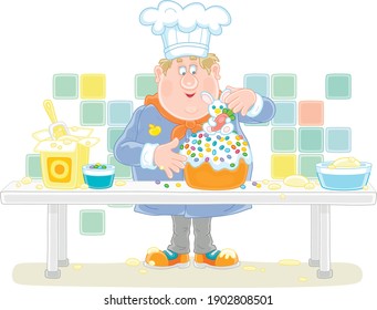 Funny fat cook confectioner standing at his kitchen work table and decorating a fancy Easter cake with a sweet toy bunny for a festive dinner, vector cartoon illustration isolated on white