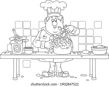 Funny Fat Cook Confectioner Standing At His Kitchen Work Table And Decorating A Fancy Easter Cake With A Sweet Toy Bunny For A Festive Dinner, Black And White Outline Vector Cartoon Illustration