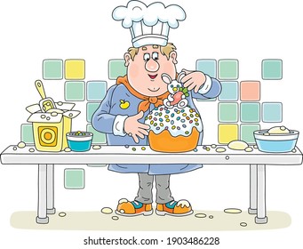 Funny Fat Cook Confectioner Standing At His Kitchen Work Table And Decorating A Fancy Easter Cake With A Sweet Toy Bunny For A Festive Dinner, Vector Cartoon Illustration Isolated On White