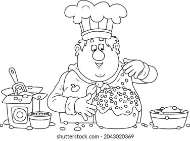 Funny Fat Cook Confectioner Standing At His Kitchen Work Table And Decorating A Fancy Cake For A Festive Dinner, Black And White Outline Vector Cartoon Illustration