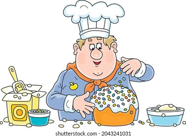 Funny Fat Cook Confectioner Standing At His Kitchen Work Table And Decorating A Fancy Cake For A Festive Dinner, Vector Cartoon Illustration Isolated On White