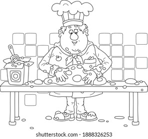 Funny fat cook in uniform standing at his kitchen table and kneading dough to cook a tasty pie for a holiday, black and white outline vector cartoon illustration