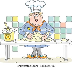 Funny fat cook in uniform standing at his kitchen table and kneading white dough to cook a tasty pie for a holiday, vector cartoon illustration isolated on a white background