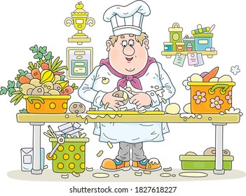 Funny fat cook in a white hat and uniform, standing at his kitchen table and peeling fresh vegetables for cooking delicious meals, vector cartoon illustration on a white background