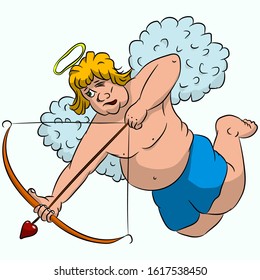 Funny Fat Cupid  With Bow And Arrow. Lovemaker. 