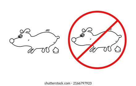 Funny fat dog poops. Vector doodle drawing. Dog walking is prohibited.