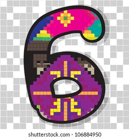 Funny fat figure 6 decorated with abstract ethno pixel-art model over neutral mosaic