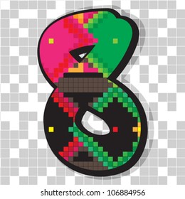 Funny fat figure 8 decorated with abstract ethno pixel-art model over neutral mosaic