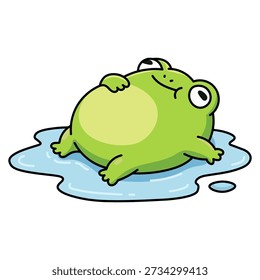 Funny fat frog lying in water puddle vector illustration. Lazy green amphibian character resting on back. Cute toad mascot doing nothing relaxation concept isolated art design.