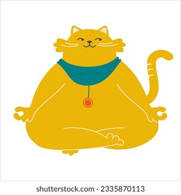 Funny fat ginger cat doing yoga. The animal is sitting in the lotus pose. Vector image on white background.