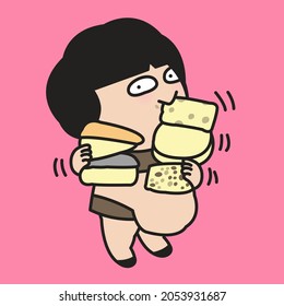 Funny Fat Girl Enjoys Eating Different Type oF Cheese Concept Card Character illustration