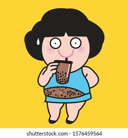 Funny Fat Girl With Her Chocolate Bubble Milk Tea Big Tummy Concept Card Character illustration