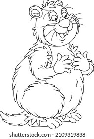 Funny fat groundhog with chubby cheeks standing on hind legs, black and white outline vector cartoon illustration for a coloring book page