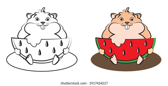 Funny fat hamster holding a large watermelon slice in front of him on a white background, vector illustration