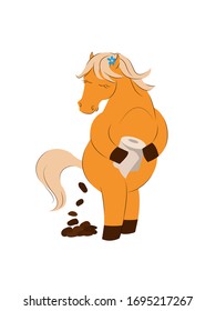 
funny fat horse holds toilet paper in his hands and poops.cartoon. Vector.
