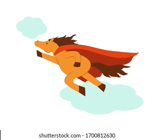 
Funny fat horse in a superhero costume.  Brave horse in a red cloak flies through the sky. Isolated on white. Vektor.