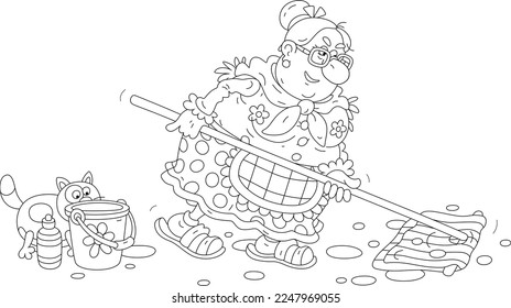 Funny fat housewife industriously mopping a floor with a rag and water from a bucket, black and white outline vector cartoon illustration for a coloring book