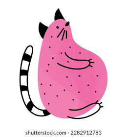 Funny fat hungry cat. Doodle art. Simple pink minimalist cat sitting. Stylish clipart for children's and teenage clothes and print. Gradient or watercolor effect. A strange animal character. Isolated.