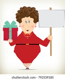 Funny Fat Lady holding a gift box and on the other hand holding a blank placard on white background