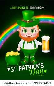 Funny fat leprechaun with beer in his hand. Happy St. Patrick's Day invitation card. Spring holidays. Vector Illustration EPS10