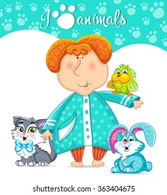 Funny fat little man with animals. Vector illustration