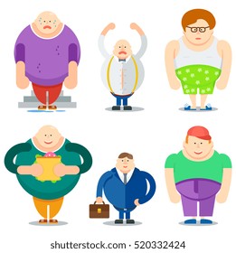 Funny Fat Man Cartoon Characters. Tired, Angry, Eating, Business Working, Undressed Fatty Male Vector Illustrations Isolated On White Background. Unhealthy Lifestyle And Overweight Concept