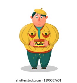 Funny fat man with a hamburger. Jacket is like a pumpkin jack. Vector illustration.