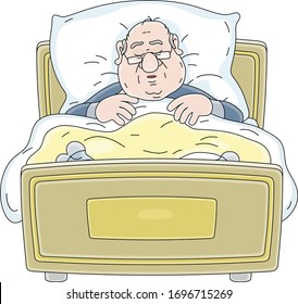 Funny fat man in pajamas and glasses sleeping and snoring under a warm blanket in his soft bed at home, vector cartoon illustration on a white background