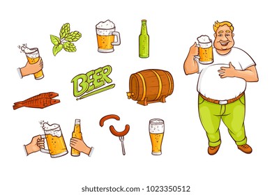 Funny fat man with a pint and set of beer related objects – bottle, mug, glass, malt, hop, fish, sausages, barrel and lettering, hand drawn vector illustration isolated on white background. Beer set