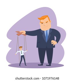funny fat men capitalists in black suits and playing with salary man puppet