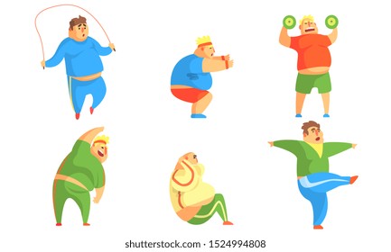 Funny Fat Men Exercising In The Gym Set, Chubby Male Characters Doing Workout Vector Illustration