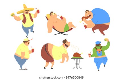 Funny Fat Men Set, Bad Habits, Unhealthy Lifestyle of Overweight Persons Vector Illustration