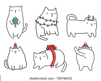 Funny fat Merry Christmas cats. Happy new year domestic animals in holiday decorations. Garlands, tree, gift bow, Santa hat.