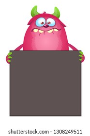 Funny fat monster with large blank and empty board sign