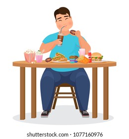 Funny fat obese man eating hamburger fast food. Vector Illustration.