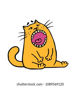 Funny fat orange cat is upset and screams meow. Vector illustration. Cartoon animal character.