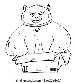 Funny fat overweight cat trying to fit into a cardboard Box. Humor cartoon style image