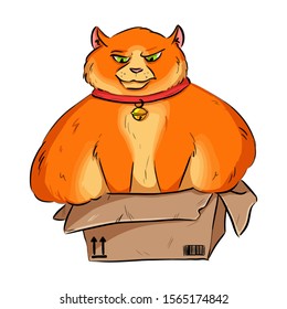 Funny fat overweight cat trying to fit into a cardboard Box. Humor cartoon style image