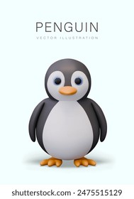 Funny fat penguin in 3D plasticine style. Large flightless bird