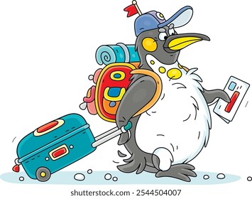 Engraçado viajante de pinguim gordo com sua mala e mochila indo para viagem, ilustração de desenhos animados vetoriais em um fundo branco