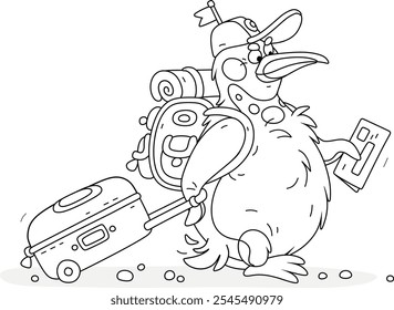 Divertido viajero de pingüino gordo con su maleta y mochila que va a viajar, ilustración de dibujos animados de Vector en blanco y negro para un libro para colorear