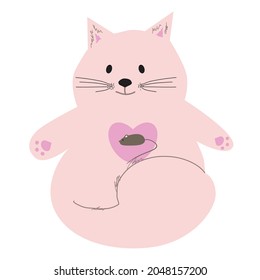 Gracioso gato rosa gordo. Con un ratón gris y un corazón rosado.