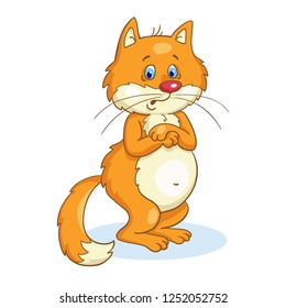 Funny fat red cat stands with arms crossed. In cartoon style. Isolated on white background. Vector illustration.