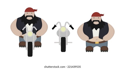 Funny fat, round biker with chopper motorcycle. Flat style. No outlines